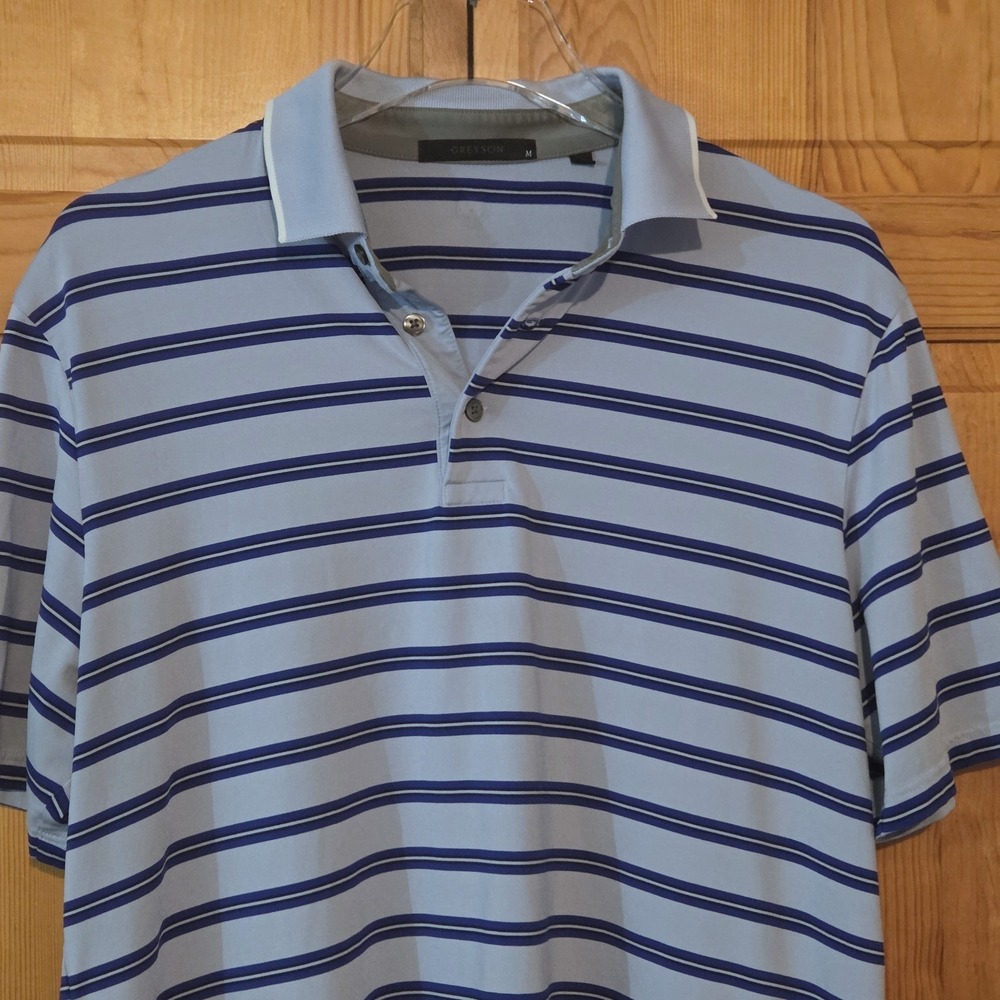 Greyson Golf Polo Shirt Mens M Blue White Striped Performance Stretch Wolf